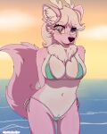  absurd_res anthro antlers artmarshmallow barely_visible_nipples bikini blue_eyes blush camel_toe canid canine cervid clothing female fox happy hi_res horn hybrid mammal marshmallow_fluff_(character) micro_bikini neck_tuft nipples open_mouth solo swimwear tuft water wet 