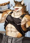  anthro barrel_(live-a-hero) canid canine canis chung0_0 clothed clothing clothing_lift hi_res lifewonders live-a-hero male mammal muscular muscular_anthro muscular_male pecs shirt shirt_lift solo tank_top topwear video_games water_bottle wolf 