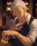  1boy alcohol archer_(fate) artist_name bar blurry blurry_background blush building collared_shirt couple cup dark-skinned_male dark_skin drinking_glass fate_(series) highres jewelry male_focus mondi_hl muscular muscular_male necktie necktie_grab neckwear_grab ring shirt sitting veins veiny_arms whiskey white_hair wine wine_glass yellow_eyes 