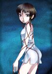  1girl absurdres asymmetrical_hair bickle_(bickle1983) brown_eyes brown_hair cable closed_mouth commentary dress hair_ornament hairclip highres iwakura_lain looking_at_viewer serial_experiments_lain short_hair skirt sleeveless solo white_dress x_hair_ornament 