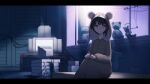  1girl absurdres animal_costume asymmetrical_hair barefoot bear_costume brown_eyes brown_hair closed_mouth commentary hair_ornament hairclip highres iwakura_lain looking_at_viewer serial_experiments_lain short_hair sitting solo vodoke x_hair_ornament 