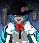  1girl bow bowtie hat hinanawi_tenshi kakegami light_blue_hair long_hair looking_at_viewer one_eye_covered open_mouth peach_hat_ornament red_bow red_bowtie shaded_face shirt short_sleeves simple_background solo touhou translation_request upper_body white_shirt 