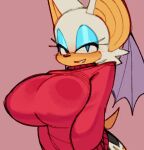  2022 animated anthro areola big_breasts boob_drop bouncing_breasts breasts chiropteran clothed clothing eyeshadow female flashing flashing_breasts huge_breasts looking_at_viewer makeup mammal nipples rouge_the_bat sega short_playtime simple_background solo sonic_the_hedgehog_(series) sweater topwear wamudraws wings 
