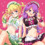  2girls arm_support blonde_hair blue_eyes blush character_request earrings eyebrows_visible_through_hair grin highres jewelry long_hair looking_at_viewer multiple_girls navel open_mouth parted_lips pink_background precure purple_hair sitting smile star_(symbol) star_earrings teeth tokunou_shoutarou v 