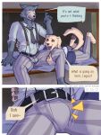  anthro barefoot beastars bed bird_dog bulge canid canine canis clothed clothing comic domestic_dog duo english_text feet fully_clothed furniture golden_retriever hi_res hunting_dog jack_(beastars) legoshi_(beastars) lying male male/male mammal nervous on_bed on_front pawpads peyotethehyena retriever seductive sitting speech_bubble text wolf 