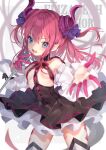  1girl asymmetrical_horns black_dress blue_eyes character_name cowboy_shot detached_sleeves dress elizabeth_bathory_(fate) elizabeth_bathory_(fate/extra_ccc) elizabeth_bathory_(first_ascension)_(fate) fate/grand_order fate_(series) flat_chest hair_ribbon highres holding holding_microphone horns legs_apart long_hair looking_at_viewer microphone moriyama_meiko music open_mouth pink_hair purple_ribbon ribbon singing solo standing tail white_sleeves 