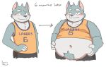  2022 anthro belly big_belly biped blush bottomwear canid canine clothing hi_res humanoid_hands jamiephut kemono male mammal overweight overweight_male pants shirt simple_background solo topwear white_background 