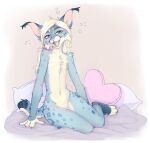  2022 anthro blonde_hair blue_body blue_fur blue_spots digital_media_(artwork) ear_tuft felid feline female fur hair hi_res looking_at_viewer lynx mammal navel nude open_mouth open_smile pillow smile solo spots spotted_body spotted_fur tuft yshanii 