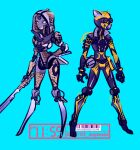  1boy 1girl android apex_legends ash_(titanfall_2) black_gloves blue_background cable cheetah_print gloves goggles hand_on_hip helmet highres holding holding_sword holding_weapon looking_ahead looking_at_viewer mechanical_legs octane_(apex_legends) official_alternate_costume pink_eyes pm11:19 science_fiction simulacrum_(titanfall) sword weapon wild_speed_octane 