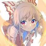  1girl ass bangs bent_over blurry blush bow depth_of_field eyebrows_visible_through_hair face fiery_wings fujiwara_no_mokou hair_bow juliet_sleeves long_hair long_sleeves looking_at_viewer pants phoenix_wings puffy_sleeves red_eyes red_pants shiroi_karasu shirt simple_background smile solo suspenders torn_clothes touhou white_background white_bow white_shirt wings 
