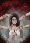  1girl absurdres alice:_madness_returns alice_(alice_in_wonderland) american_mcgee&#039;s_alice apron black_hair blood blood_on_face blue_eyes closed_mouth dress english_commentary hands highres jewelry jupiter_symbol knife long_hair looking_at_viewer necklace solo weapon 