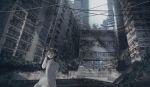  1girl asymmetrical_hair brown_eyes brown_hair building cityscape dress hair_ornament hairclip highres iwakura_lain looking_at_viewer meola outdoors power_lines ruins scenery serial_experiments_lain short_hair sleeveless solo water white_dress 