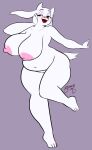  2022 anthro areola blush bovid breasts caprine dated eyebrows fangs female genitals goat hand_on_cheek hi_res mammal navel nipples on_one_leg one_leg_up open_mouth overweight overweight_female pussy raised_leg red_eyes signature simple_background smile solo standing tongue toriel undertale_(series) wayesh 