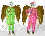  absurd_res avian bottomwear chrono clothing corona elegant gala gryphon hi_res mythological_avian mythology pants satin sibling the twins uniform 
