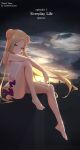  1girl abigail_williams_(fate) abigail_williams_(swimsuit_foreigner)_(fate) absurdres backlighting bangs bare_shoulders barefoot black_bow blonde_hair blue_eyes blush bow braid braided_bun breasts double_bun dress_swimsuit fate/grand_order fate_(series) feet forehead gradient_sky grey_sky highres jian_po_ambercocoon keyhole legs long_hair looking_at_viewer multiple_bows orange_bow orange_sky parted_bangs sidelocks sky small_breasts sunset swimsuit toes twintails very_long_hair white_swimsuit 