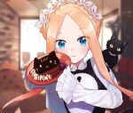  1girl abigail_williams_(fate) abigail_williams_(festival_outfit)_(fate) alternate_costume bangs black_cat blonde_hair blue_eyes blueberry blush braid breasts cat dress enmaided fate/grand_order fate_(series) food forehead french_braid fruit keyhole long_hair looking_at_viewer maid maid_headdress matsui_haru pancake parted_bangs plate raspberry sash sidelocks sleeves_past_fingers sleeves_past_wrists small_breasts very_long_hair whipped_cream white_dress 