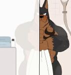  2021 2d_animation abs animated anthro biceps black_body black_fur black_nose blinking blush blush_lines brown_body brown_fur canid canine canis dobermann domestic_dog dropping_object erection erection_under_towel fur hyaku_(artist) looking_at_viewer looking_down male mammal multicolored_body multicolored_fur muscular muscular_anthro muscular_male nipple_piercing nipples nude pecs piercing pinscher prick_ears short_playtime shower shower_hose smile solo steam surprise tattoo towel two_tone_body two_tone_fur wet 