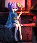  1girl :d absurdres alternate_costume arm_support blue_hair cucumber cucumber_on_a_stick eyebrows_behind_hair full_body highres japanese_clothes kawashiro_nitori kimono looking_at_viewer mask obi open_mouth purple_eyes purple_hair sandals sash sitting sleeves_past_wrists smile solo sunnysideup toes touhou yukata 