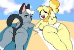  animal_crossing anthro beach beach_towel bra breasts butt canid canine canis clothing domestic_cat domestic_dog duo felid feline felis female glowhorn hi_res humanoid isabelle_(animal_crossing) looking_back male mammal nintendo panties raymond_(animal_crossing) seaside speedo swimwear towel underwear video_games 