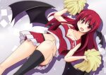  1girl :d alternate_costume bat_wings black_legwear blue_background blush breasts cheerleader cleavage collarbone commentary_request dated dot_nose drop_shadow dutch_angle eyebrows_visible_through_hair feet_out_of_frame hair_between_eyes head_wings highres kneehighs koakuma kurenaidahlia large_breasts long_hair looking_at_viewer low_wings midriff navel one-hour_drawing_challenge pleated_skirt pom_pom_(cheerleading) red_eyes red_hair red_shirt red_skirt shirt sidelocks simple_background single_kneehigh skirt smile sparkle striped striped_shirt striped_skirt touhou twitter_username wings 