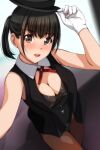  1girl :d absurdres arm_up bangs bare_shoulders black_hair black_headwear black_jacket black_leotard blurry blurry_background blush breasts brown_eyes brown_legwear cleavage depth_of_field eyebrows_visible_through_hair gloves hand_on_headwear highres jacket leotard looking_at_viewer matsunaga_kouyou medium_breasts nose_blush open_clothes open_jacket original pantyhose ponytail sleeveless sleeveless_jacket smile solo standing teeth upper_teeth white_gloves 