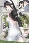  1boy 2girls ass bangs black_hair blush breasts dress gloves green_eyes hairband highres holding_hands juliet_sleeves kfr large_breasts long_hair long_sleeves maid multiple_girls open_mouth original puffy_sleeves shrug_(clothing) white_dress white_gloves 