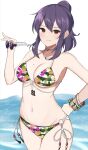  1girl absurdres bikini breasts cleavage fruit_pattern glasses highres holding holding_eyewear large_breasts long_hair mole mole_on_breast purple_hair red_eyes senran_kagura sidelocks solo striped striped_bikini surippa1010 suzune_(senran_kagura) swimsuit 