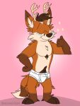  absurd_res anthro antlers barefoot briefs brown_body brown_fur brown_hair brown_nose canid canine clothed clothing eyes_closed feet fox fur gesture hair hi_res horn male mammal markings mushketeery orange_body orange_fur pink_background simple_background smile solo sparkles tan_body tan_fur thumbs_up tighty_whities toony topless underwear underwear_only white_briefs white_clothing white_underwear 