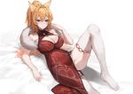  1girl absurdres animal_ears blonde_hair booba breasts china_dress chinese_clothes cleavage cleavage_cutout clothing_cutout commission copyright_request dress feather_boa foot_out_of_frame hair_between_eyes hand_up highres knee_up large_breasts long_hair molyb no_panties ponytail red_dress simple_background sleeveless sleeveless_dress solo thighhighs white_background white_legwear 