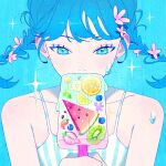  1girl banana_slice blue_background blue_camisole blue_eyes blue_hair blue_theme blueberry braid camisole collarbone food fruit highres holding kiwi_slice lime_(fruit) lime_slice original popsicle portrait solo soorin sparkle strawberry striped_camisole twin_braids watermelon white_camisole 