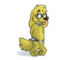  anthro blue_collar briefs brown_eyes canid canine canis clothing collar domestic_dog eyewear fur glasses hands_behind_back male mammal montypup shadow simple_background solo teeth_showing tighty_whities tinydeerguy tongue tongue_out tongur_showing underwear white_background white_clothing white_underwear yellow_body yellow_fur 