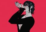  1other androgynous blood colored_sclera drinking_blood from_side hands_up limited_palette long_sleeves looking_at_viewer nail_polish original plunging_neckline pointy_ears red_background red_sclera sarakipin short_hair solo upper_body vampire wavy_hair 