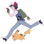  1boy ash_ketchum backpack bag baseball_cap belt belt_buckle black_shirt brown_belt buckle fingerless_gloves from_side gloves green_bag green_gloves grey_pants hat highres holding jacket legs_apart male_focus ochappa pants pikachu pokemon pokemon_(anime) pokemon_(classic_anime) pokemon_(creature) red_headwear running shirt shoes short_sleeves simple_background sneakers symbol-only_commentary white_background 