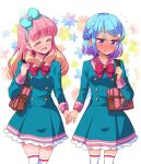  2girls aikatsu!_(series) aikatsu_friends! bangs blonde_hair blue_hair blunt_bangs blush closed_eyes closed_mouth collarbone embarrassed full-face_blush gradient_hair hair_ornament hairband highres long_hair long_sleeves looking_away minato_mio multicolored_hair multiple_girls open_mouth pink_hair purple_eyes purple_hair school_uniform short_hair smile star_(symbol) star_hair_ornament thighhighs tokunou_shoutarou white_legwear yuri yuuki_aine 