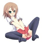  baka_to_test_to_shoukanjuu blush brown_hair flat_chest green_eyes hair_ornament hairclip kinoshita_hideyoshi male_focus nectar_(fujiya) nipples open_clothes open_shirt otoko_no_ko penis penis_ribbon ribbon school_uniform shirt skirt solo spread_legs testicles thighhighs v_arms 