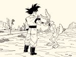  black_eyes black_hair commentary_request crossed_arms crossover dougi dragon_ball fangs happy height_difference lee_(dragon_garou) looking_at_another looney_tunes monochrome multiple_boys muscle no_humans road_runner_(looney_toons) shunkan_idou simple_background sky smile son_gokuu spiked_hair tongue tongue_out what white_background wile_e_coyote 