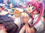  3girls aiganshimai blue_eyes blush breast_grab breasts cameltoe chikan cleavage game_cg grabbing honda_naoki huge_breasts mogami_ruu multiple_girls panties pervert pink_hair ponytail public school_uniform schoolgirl serafuku smile striped striped_panties train train_interior underwear 