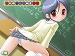  1girl bent_over blue_hair footwear game_cg indoors miniskirt pleated_skirt red_eyes school_uniform short_skirt skirt socks solo 