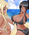  2girls akiyama_mio ass bare_shoulders bikini black_hair blonde_hair blush breasts cleavage dark_skin female huge_breasts k-on! kinokoutarou kotobuki_tsumugi long_hair looking_back multiple_girls oil swimsuit 