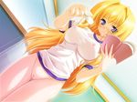  1girl blonde_hair blue_eyes blush book bottomless breasts ceiling chalk decensored dutch_angle erect_nipples foreshortening from_below game_cg gym_uniform large_breasts long_hair pussy solo sweat uncensored 