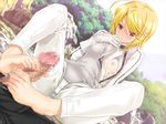  barefoot blonde_hair blush breasts brown_eyes censored feet fencing footjob frown happoubi_jin kujou_tsubasa kujyo_tsukasa kura_kura nipple_slip nipples outdoors pink_eyes short_hair sitting 