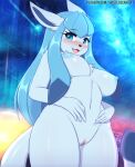  2022 anthro areola black_nose blue_eyes blush breasts chest_tuft digital_media_(artwork) eeveelution eyebrows eyelashes female fingers genitals glaceon hair hi_res long_hair looking_at_viewer nintendo nipples nude open_mouth pok&eacute;mon pok&eacute;mon_(species) pussy solo text tuft twistedscarlett60 url video_games 