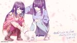  2girls ^_^ anniversary arm_behind_head artist_name boots brown_footwear casual cat closed_eyes commentary_request copyright hikone_(oshiro_project) konki_(oshiro_project) long_hair multiple_girls official_art oshiro_project oshiro_project_re pants purple_hair purple_legwear second-party_source shoes sidelocks sneakers squatting sweater white_footwear 