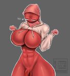  balls big_breasts breasts clothing featureless_breasts genitals gynomorph hat headgear headwear hi_res huge_breasts humanoid intersex muscular penis redviewer_55 simple_background solo sweater text topwear unknown_species watermark wide_hips 