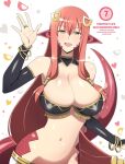  1girl bangs bracelet breasts fang fang_out hair_between_eyes hair_ornament jewelry lamia large_breasts lindaroze long_hair looking_at_viewer miia&#039;s_mother monster_girl monster_musume_no_iru_nichijou open_mouth pointy_ears red_hair ring scales solo very_long_hair yellow_eyes 