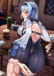  1girl absurdres alcohol ass back backless_outfit bangs beer beer_mug black_gloves black_hairband black_legwear black_leotard blue_gloves blue_hair blush bottle breasts card cup eric_(tianqijiang) eula_(genshin_impact) feet genshin_impact gloves hair_ornament hairband highres large_breasts leotard long_sleeves looking_at_viewer looking_back medium_hair mug playing_card shirt sidelocks soles table thighhighs thighs two-tone_gloves white_shirt yellow_eyes 