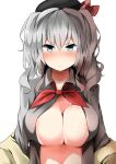  1girl bangs beret blue_eyes blush breasts embarrassed eyebrows_visible_through_hair hair_between_eyes hat highres himuka_(523) kantai_collection kashima_(kancolle) large_breasts long_hair neckerchief no_bra nose_blush off_shoulder red_neckerchief shiny shiny_hair shiny_skin silver_hair simple_background smile solo undressing upper_body wavy_hair white_background 