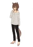  1girl agnes_tachyon_(umamusume) ahoge alternate_costume animal_ears brown_eyes brown_footwear brown_hair commentary_request full_body grey_sweater high_heels horse_ears horse_girl horse_tail jewelry long_sleeves medium_hair nazuka_(mikkamisaki) necklace pants simple_background solo standing sweater tail umamusume white_background 