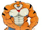  abs anthro biceps blue_nose bottomwear bottomwear_down clothed clothing felid feline frosted_flakes kellogg&#039;s looking_at_viewer male mammal mascot muscular muscular_anthro muscular_male nipples pantherine pants pants_down partially_clothed pecs solo thymilph tiger tony_the_tiger whiskers yellow_body yellow_eyes 