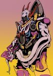  blue_eyes chaos_(warhammer) chaos_space_marine commentary darkmechanic highres holding holding_weapon horns multicolored_background mutation power_armor purple_armor purple_background red_horns slaanesh sleeveless tentacles warhammer_40k weapon yellow_background 